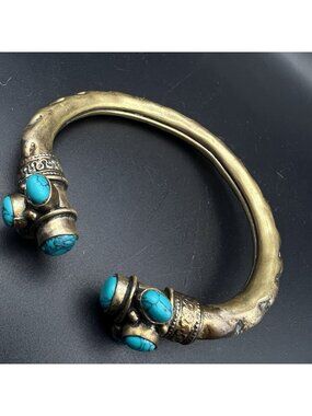 Vintage Brass Open Bangle Cuff Bracelet Turquoise Cabochons Boho Tribal